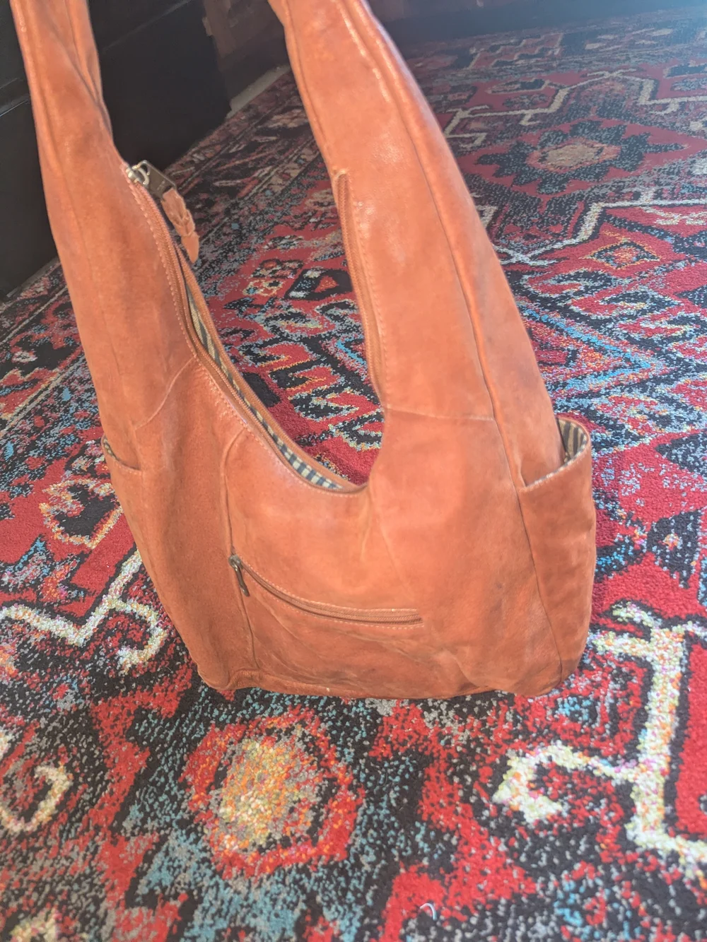 Leather Hobo Shoulder Bag - Rust Orange